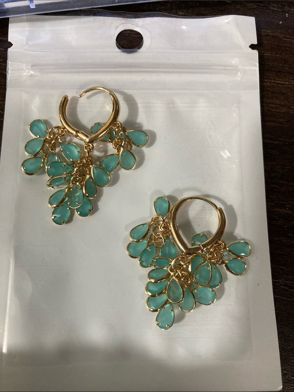 Gold Hoop Earrings with Aqua Teardrop Dangles - Women Jewelry